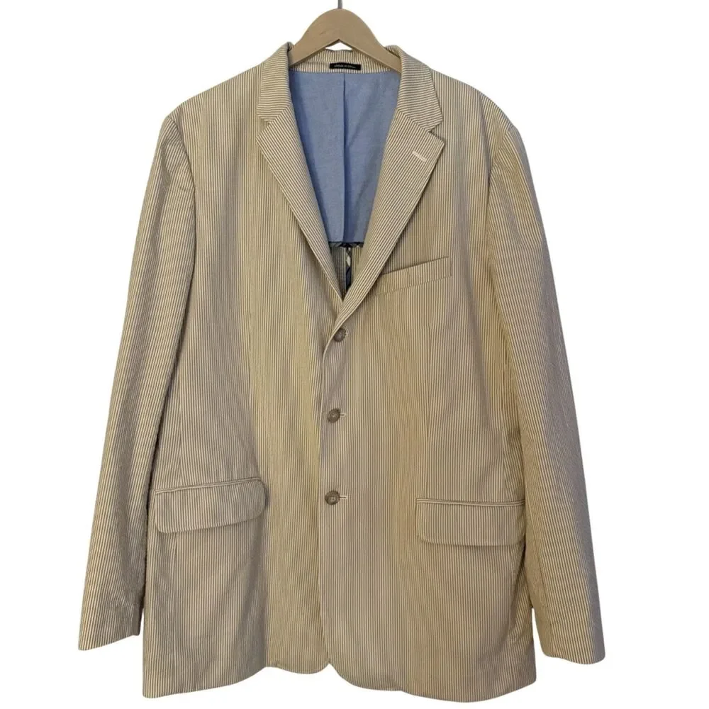 J Crew Seersucker Blazer Mens Size 46 Long Khaki White Striped Cotton Sport Coat